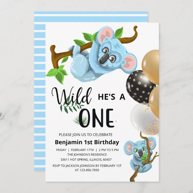 Cute Blue Koala Wild One Boy First Birthday Party  Invitation (Front/Back)