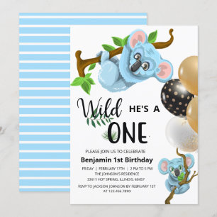 Cute Blue Koala Wild One Boy First Birthday Party  Invitation