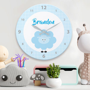 Cute Blue Lamb Kawaii Boy Kid Nursery Script Name Large Clock