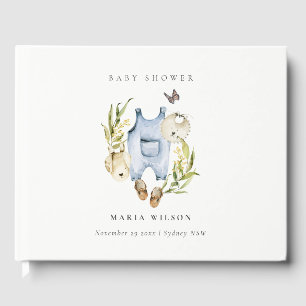 Cute Blue Leafy Foliage Boy Clothes Baby Shower Guest Book