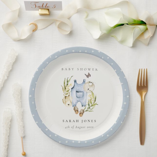 Cute Blue Leafy Foliage Boy Clothes Baby Shower Paper Plate (Wedding)