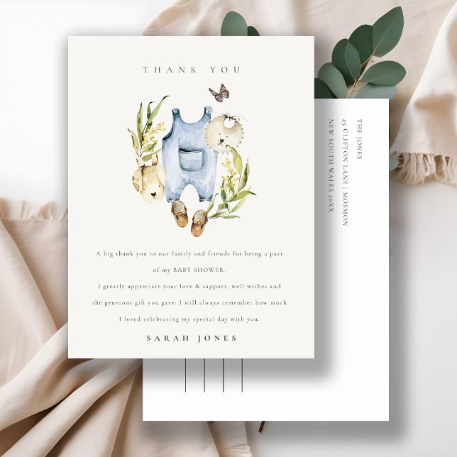 Cute Blue Leafy Foliage Boy Clothes Baby Shower Postcard (Creator Uploaded)