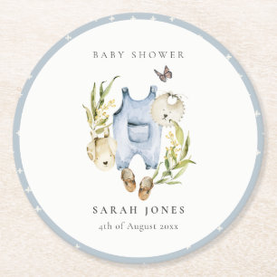 Cute Blue Leafy Foliage Boy Clothes Baby Shower Round Paper Coaster
