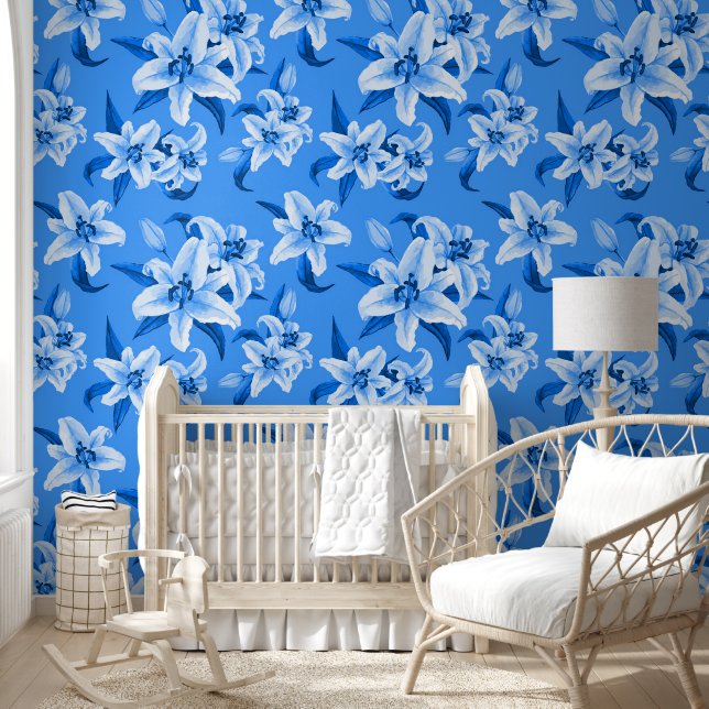 Cute Blue Lily Flower Pattern Wallpaper (Kids)