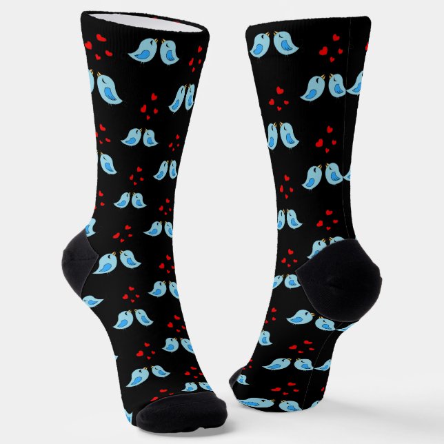 Cute Blue Little Birds on Black Socks (Angled)