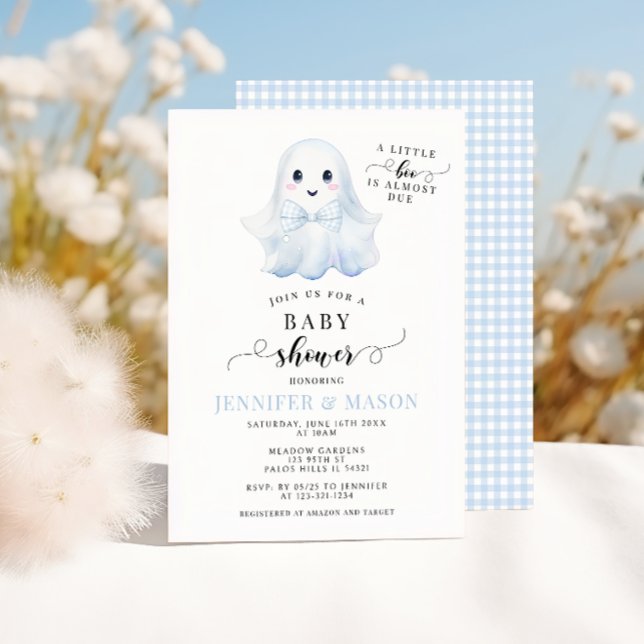 Cute Blue Little Boo Ghost Bow Tie Baby Boy Shower Invitation (Creator Uploaded)