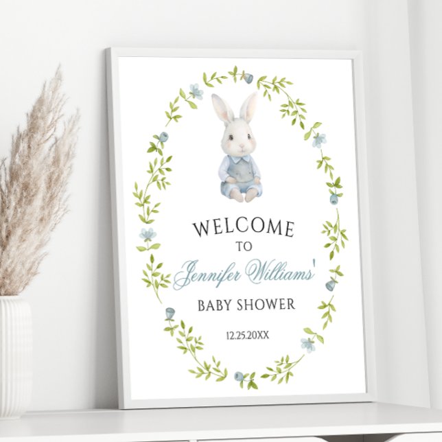 Cute Blue Little Bunny Baby Boy Shower Welcome Poster (Creator Uploaded)