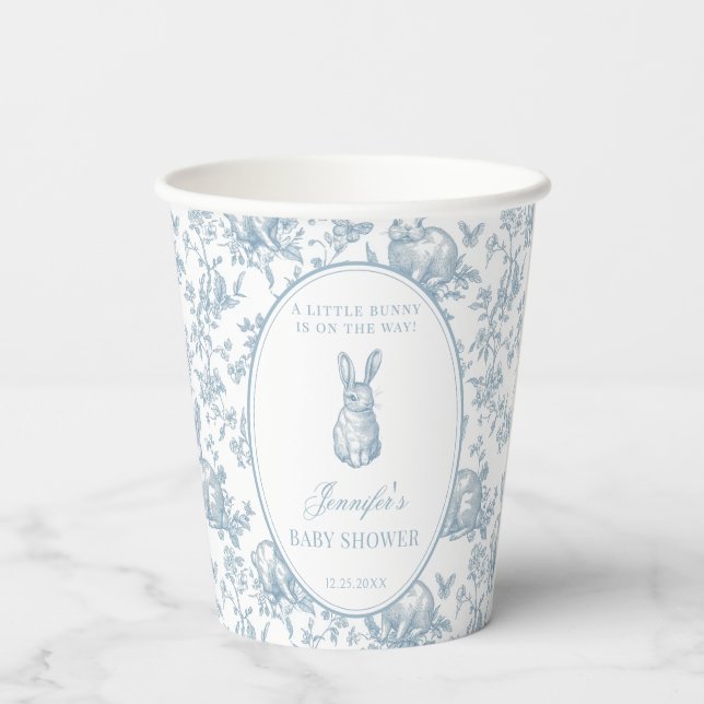 Cute Blue Little Bunny Easter Baby Boy Shower Paper Cups (Back)