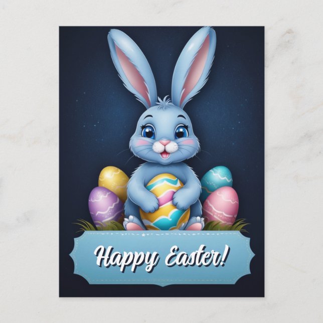 Cute Blue Little Easter Rabbit Happy Easter Holiday Postcard (Front)