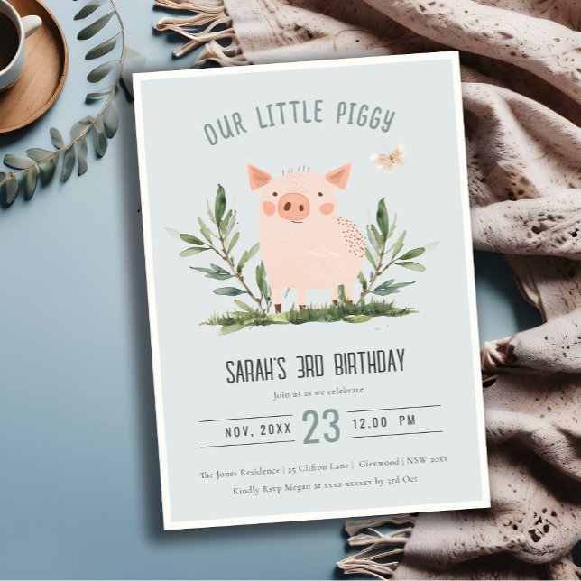 Cute Blue Little Farm Pig Butterfly Kids Birthday Invitation (Creator Uploaded)