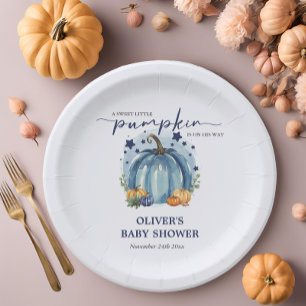 Cute Blue Little Pumpkin Baby Boy Shower   Paper Plate