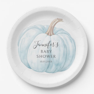 Cute blue little pumpkin themed baby boy shower paper plate