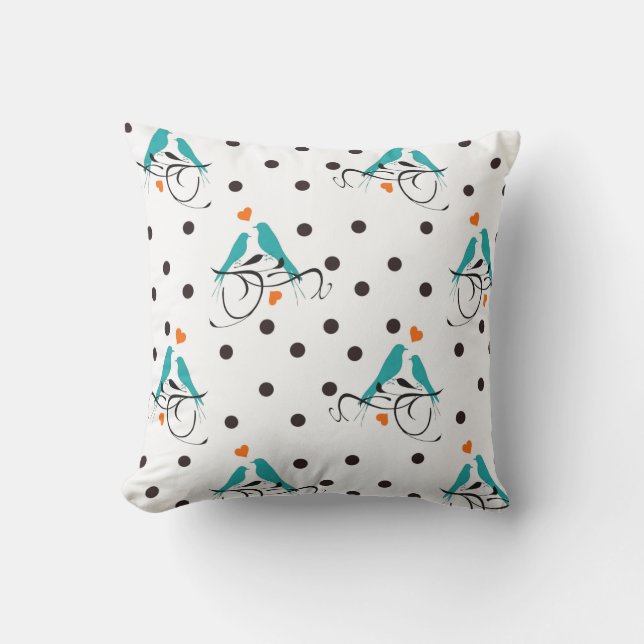 Cute Blue Love Birds in Black Polka Dots Cushion (Front)
