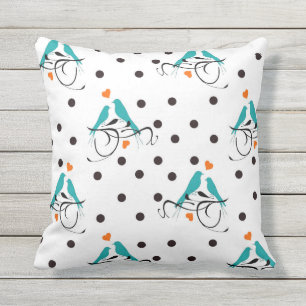 Cute Blue Love Birds in Black Polka Dots Cushion