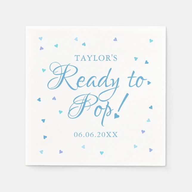 Cute Blue Love Hearts Ready to Pop Baby Boy Shower Napkin (Front)