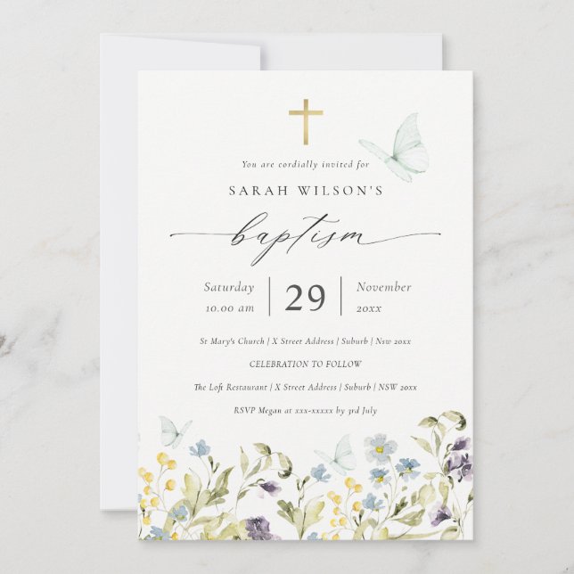 Cute Blue Meadow Floral Butterfly Baptism Invite (Front)