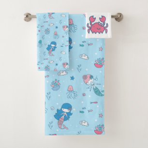 Cute Blue Mermaid Bath Towel Set