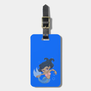 Cute Blue Mermaid (dark hair, dark skin) Luggage Tag