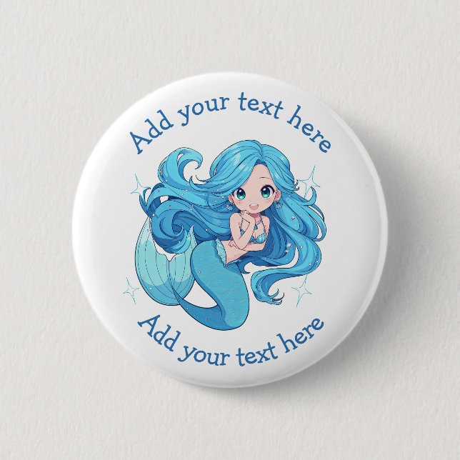 Cute Blue Mermaid Personalised 6 Cm Round Badge (Front)