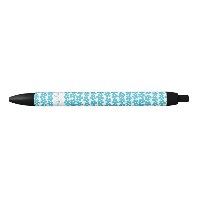 Cute Blue Minimalist Daisy Pattern Floral Name Black Ink Pen (Front)