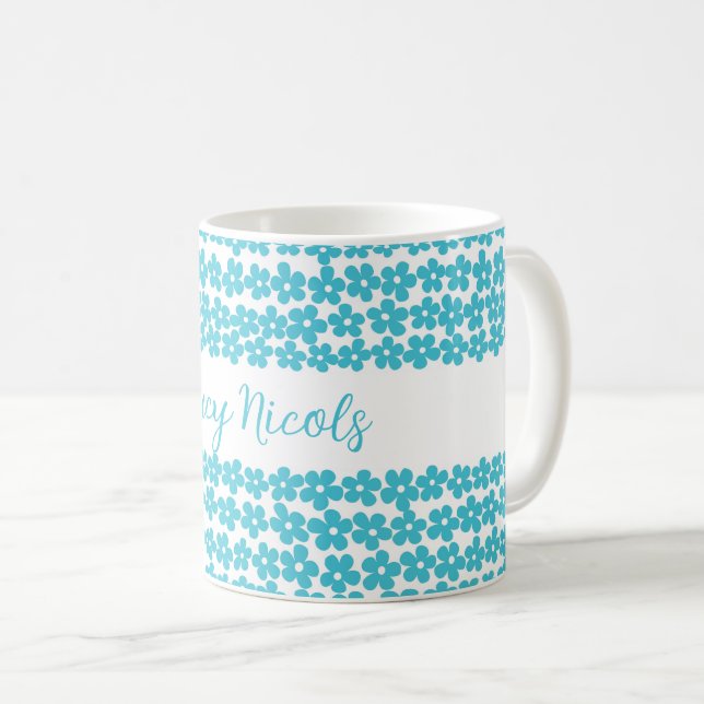Cute Blue Minimalist Daisy Pattern Floral Name Coffee Mug (Front Right)