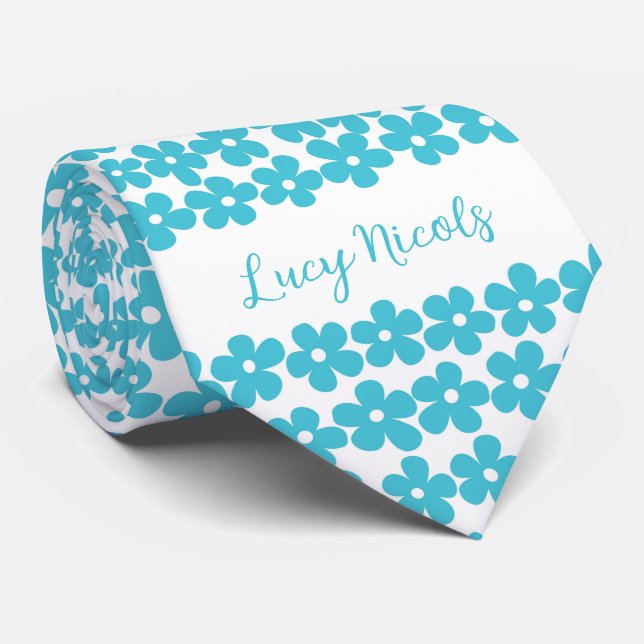 Cute Blue Minimalist Daisy Pattern Floral Name Tie (Rolled)