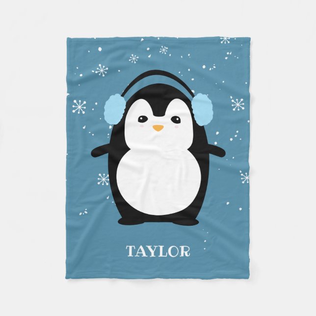 Cute Blue modern baby penguin kawaii personalised Fleece Blanket (Front)