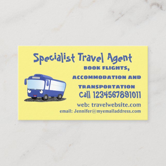 Cute blue modern bus cartoon illustration business card (Front)