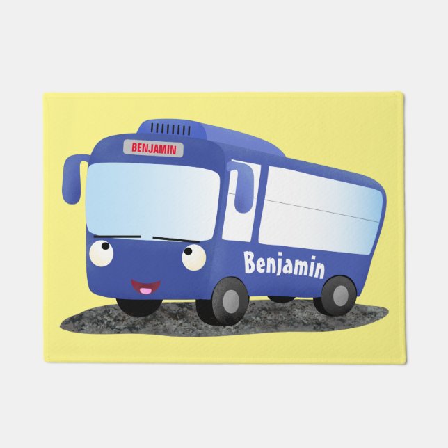 Cute blue modern bus cartoon illustration doormat (Front)