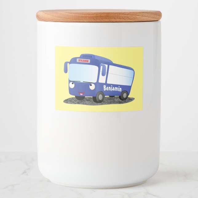 Cute blue modern bus cartoon illustration food label (Front)
