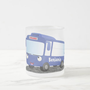 Cute blue modern bus cartoon illustration frosted glass coffee mug