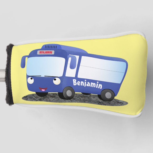 Cute blue modern bus cartoon illustration golf head cover (Front)