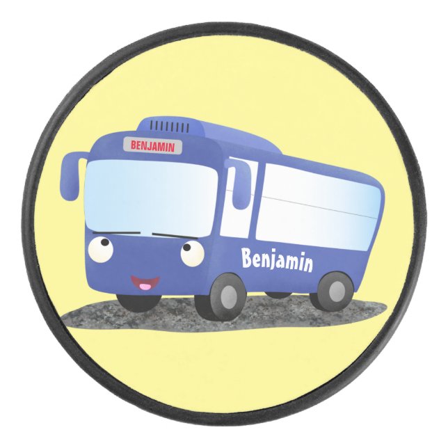 Cute blue modern bus cartoon illustration hockey puck (Front)