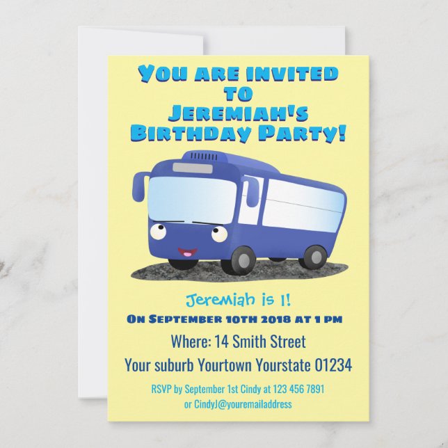 Cute blue modern bus cartoon illustration invitation (Front)