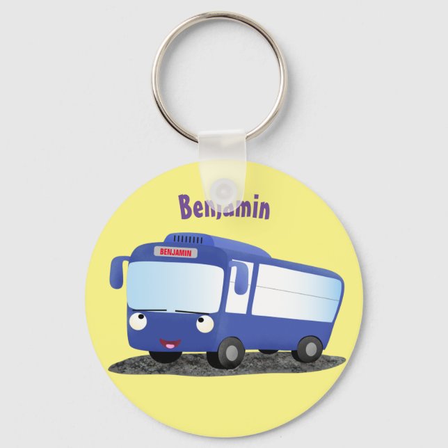 Cute blue modern bus cartoon illustration key ring (Front)