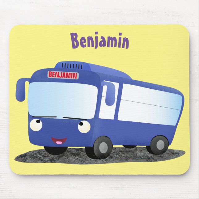 Cute blue modern bus cartoon illustration mouse mat (Front)