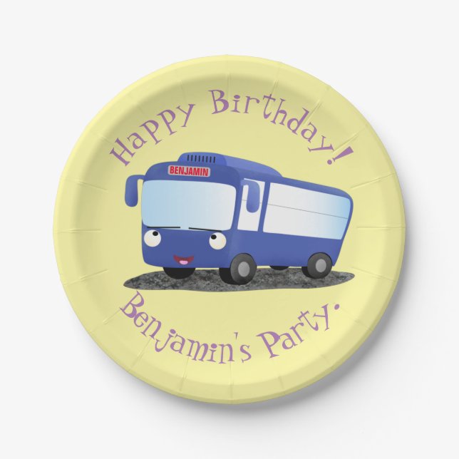 Cute blue modern bus cartoon illustration paper plate (Front)