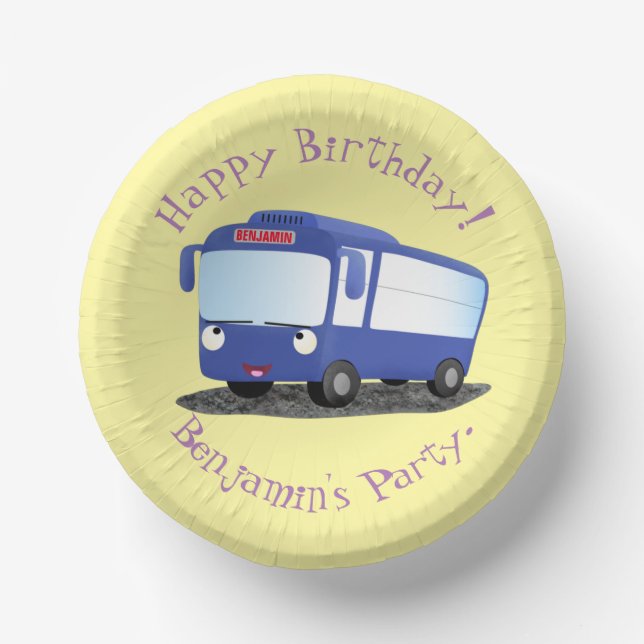 Cute blue modern bus cartoon illustration paper plate (Front)