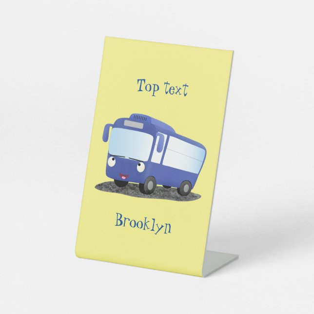 Cute blue modern bus cartoon illustration pedestal sign (Front)