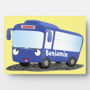 Cute blue modern bus cartoon illustration plaque
