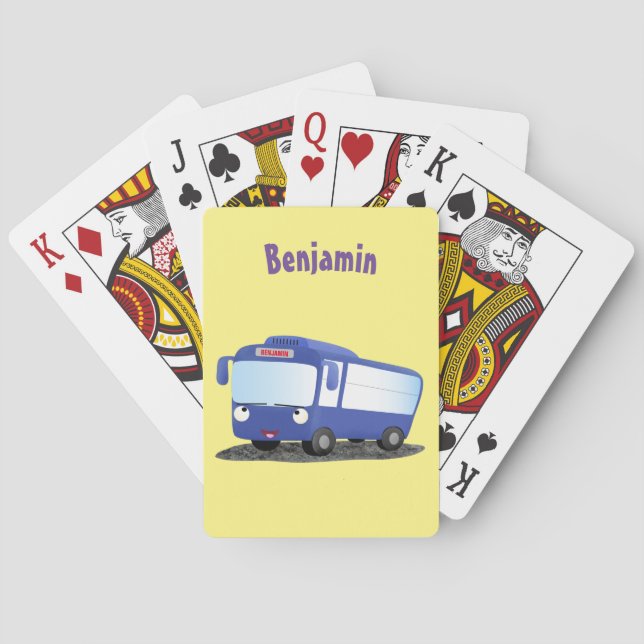 Cute blue modern bus cartoon illustration playing cards (Back)
