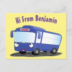 Cute blue modern bus cartoon illustration postcard