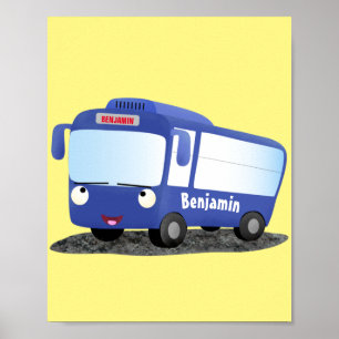 Cute blue modern bus cartoon illustration poster