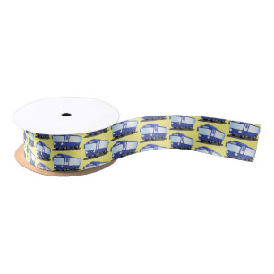 Cute blue modern bus cartoon illustration satin ribbon