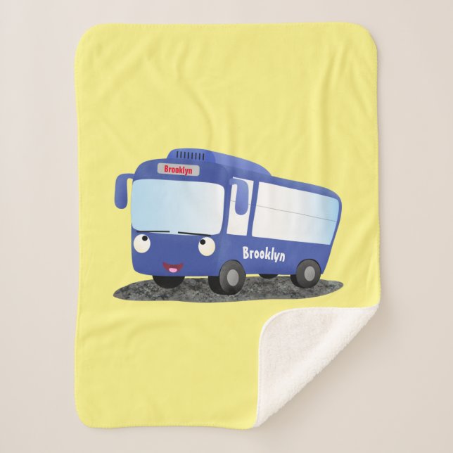 Cute blue modern bus cartoon illustration sherpa blanket (Front)