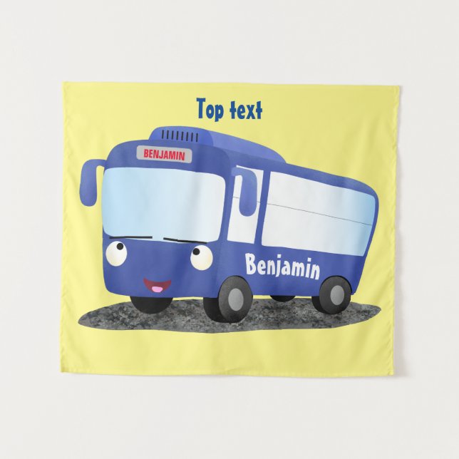 Cute blue modern bus cartoon illustration tapestry (Front (Horizontal))