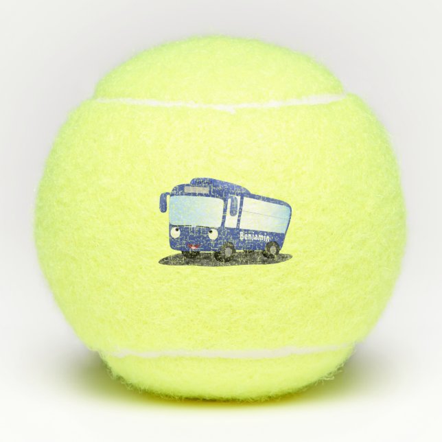 Cute blue modern bus cartoon illustration tennis balls (Front)