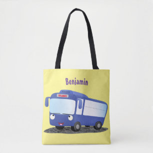 Cute blue modern bus cartoon illustration tote bag