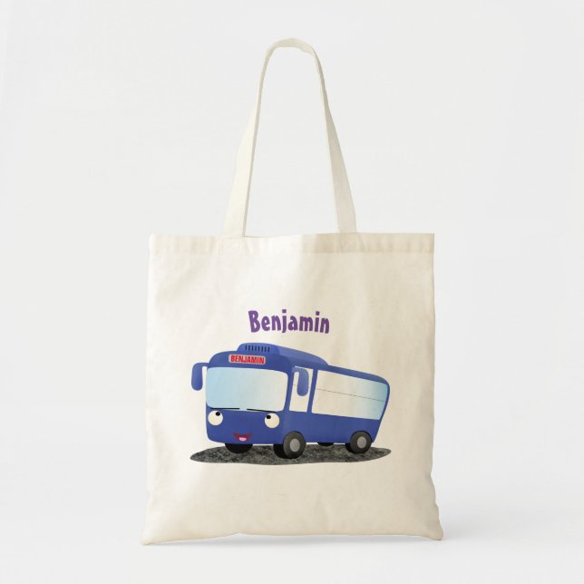 Cute blue modern bus cartoon illustration tote bag (Front)