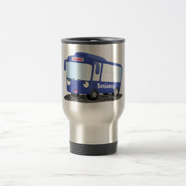 Cute blue modern bus cartoon illustration travel mug (Center)